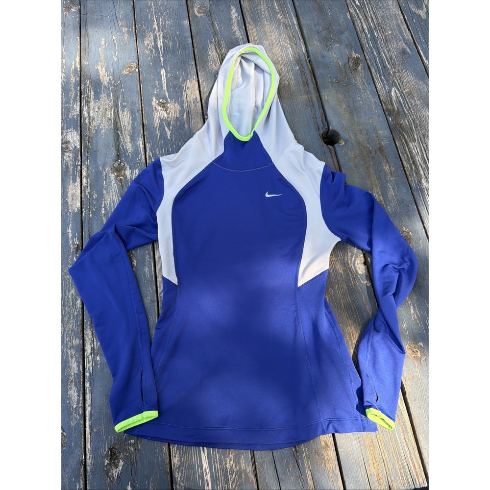 Nike Running Women's Pullover Active Hoodie Top Blue/Gray/Lime Thumb Holes SZ S